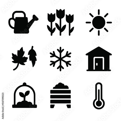 Seasonal Gardening Icons. Solid, filled icon set of seasonal gardening and watering: watering can, spring flowers, summer sun,