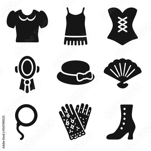 Vintage Fashion Icons. Solid, filled icon set of vintage fashion: puff sleeve blouse, flapper dress, corset, brooch, pillbox hat,