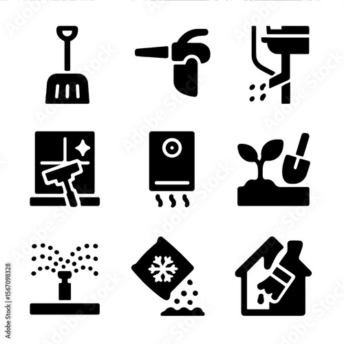 Seasonal Home Maintenance Icons. Solid, filled icon set of seasonal home maintenance: snow shovel, leaf blower, rain gutter,