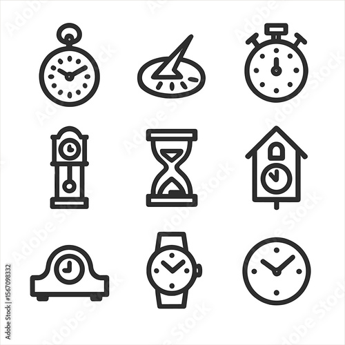 Vintage Clock Icons. Solid, filled icon set of vintage clocks and timepieces: pocket watch, sundial, stopwatch, grandfather clock,