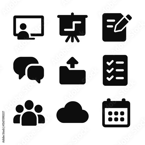 Virtual Collaboration Icons. Solid, filled icon set of virtual collaboration tools: shared screen, whiteboard, document edit, chat