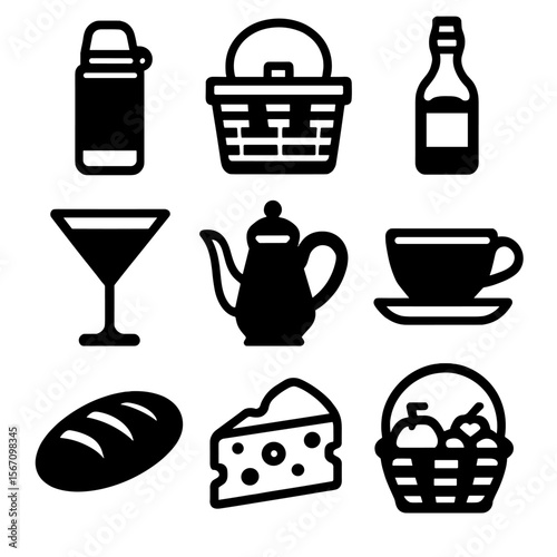 Vintage Travel Icon Set. Solid, filled icon set of vintage travel food and drink: thermos flask, picnic basket, vintage wine