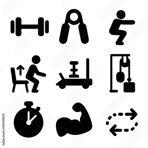 Mobility Training Icons. Solid, filled icons set of mobility and strength training: dumbbell icon, grip
