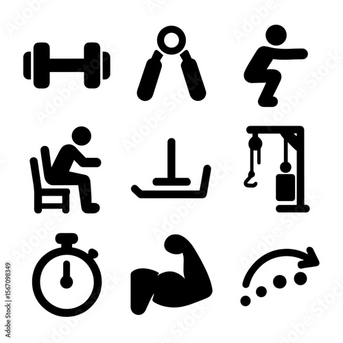 Mobility Training Icons. Solid, filled icons set of mobility and strength training: dumbbell icon, grip