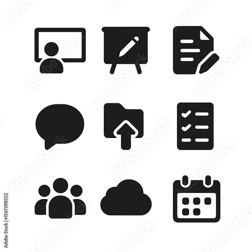 Virtual Collaboration Icons. Solid, filled icon set of virtual collaboration tools: shared screen, whiteboard, document edit, chat