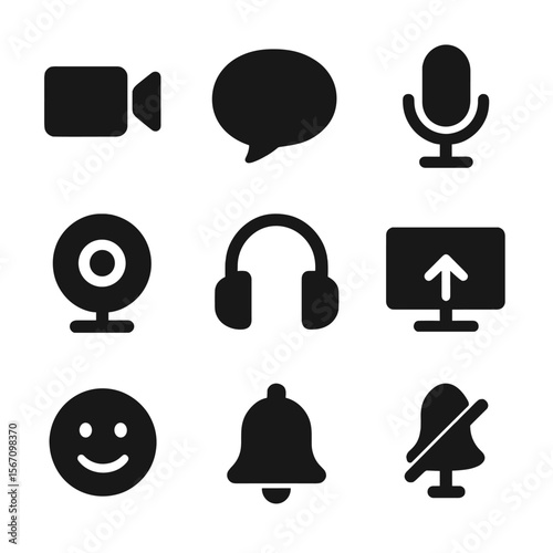 Virtual Communication Icons. Solid, filled icon set of Virtual communication tools: video call, chat bubble, microphone, webcam,