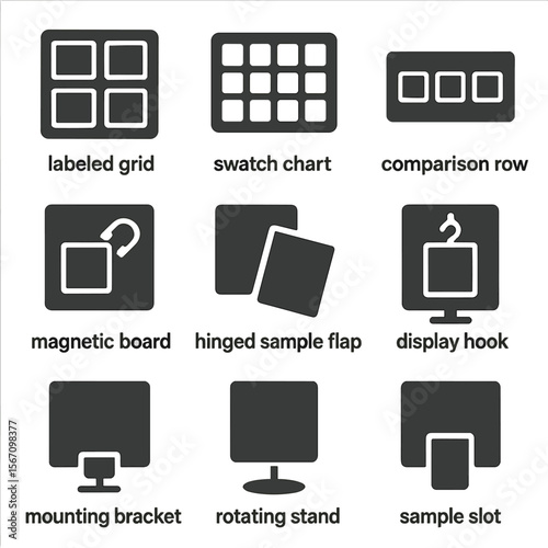 Modern Board Configurations. Solid, filled icons set of sample board configurations: labeled grid, swatch