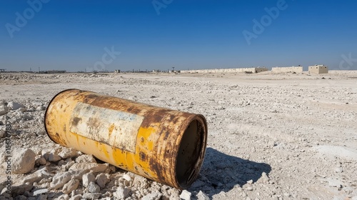 Abandoned Yellow Barrel on Dry Desert Landscape Under Clear Sky