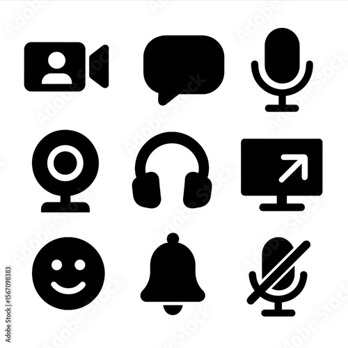 Virtual Communication Icons. Solid, filled icon set of Virtual communication tools: video call, chat bubble, microphone, webcam,