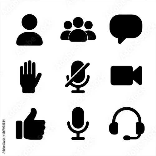 Virtual Meeting Icons. Solid, filled icon set of virtual meeting participants: user avatar, group, chat bubble, raise hand, mute