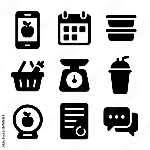 Virtual Diet Icons. Solid, filled icon set of virtual diet planning: smartphone with diet app, calendar, meal prep containers,