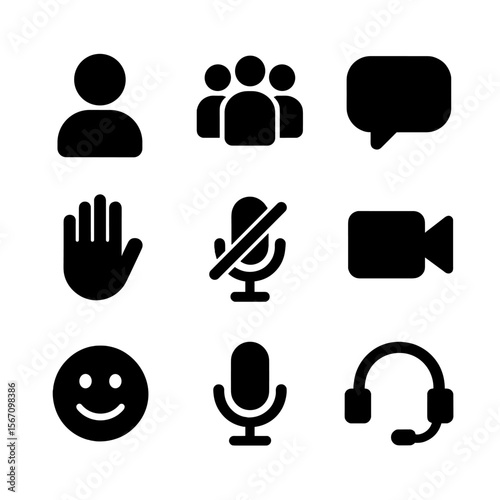 Virtual Meeting Icons. Solid, filled icon set of virtual meeting participants: user avatar, group, chat bubble, raise hand, mute