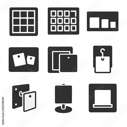 Modern Board Configurations. Solid, filled icons set of sample board configurations: labeled grid, swatch