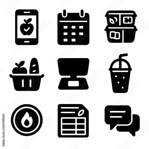 Virtual Diet Icons. Solid, filled icon set of virtual diet planning: smartphone with diet app, calendar, meal prep containers,