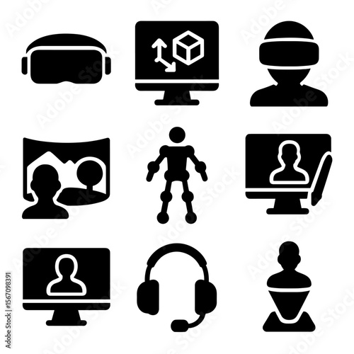 Virtual Modeling Icons. Solid, filled icon set of virtual modeling: VR headset, 3D software, avatar, virtual environment, motion
