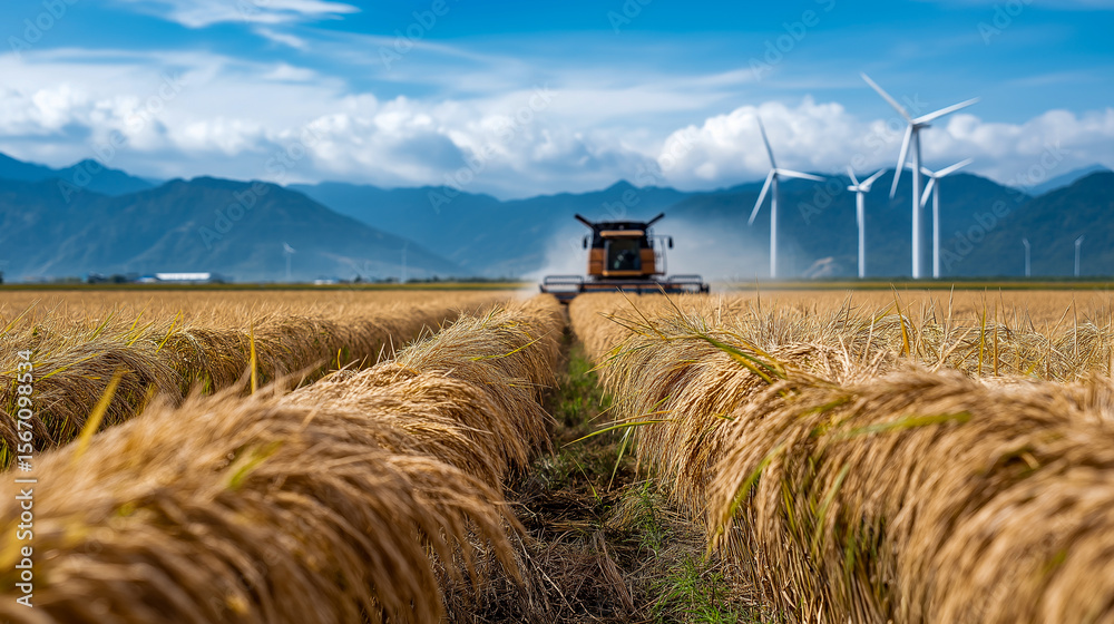 Fototapeta premium Combine harvester working in golden rice field with wind turbines and mountains in the background