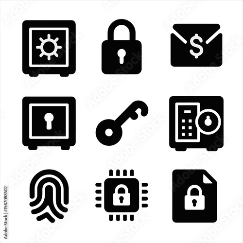 Secure Storage Icons. Solid, filled icon set of safe money storage: combination safe, padlock icon, deposit envelope, strongbox,