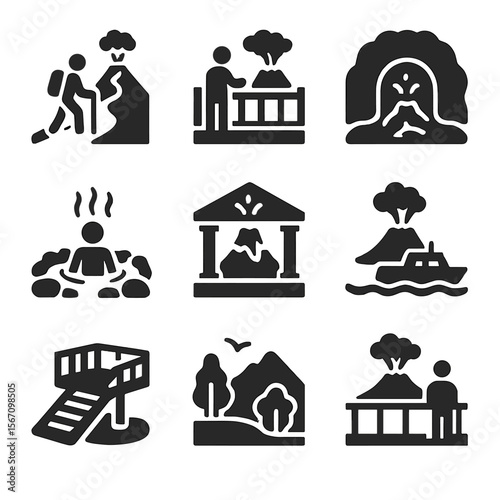 Volcano Tourist Icons. Solid, filled icon set of volcanic tourist attractions: hiking trail, lookout point, lava tube cave, hot