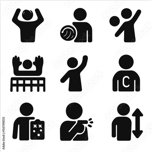 Volleyball Roles Icons. Solid, filled icon set of volleyball players roles: setter, libero, outside hitter, middle blocker,