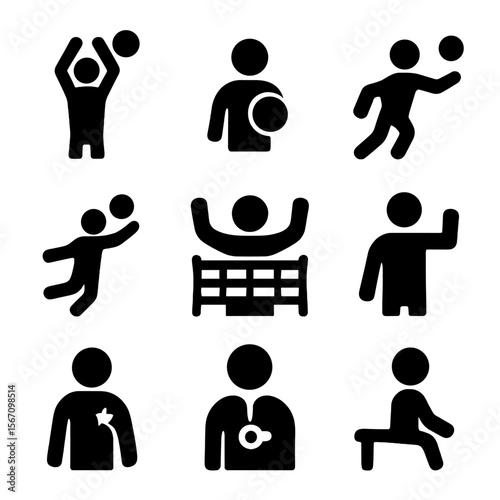 Volleyball Roles Icons. Solid, filled icon set of volleyball players roles: setter, libero, outside hitter, middle blocker,