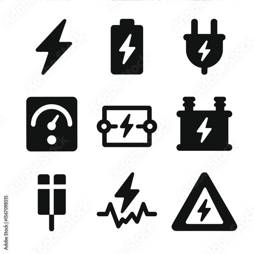 Voltage Icon Set. Solid, filled icon set of voltage concepts: lightning bolt, battery, power plug, voltmeter, electric circuit,