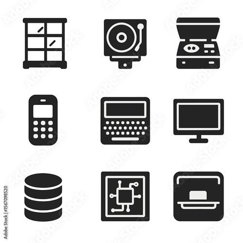 Modern Electronics Icons. Solid, filled icons set of display-ready electronics: glass-display shelf, mounted