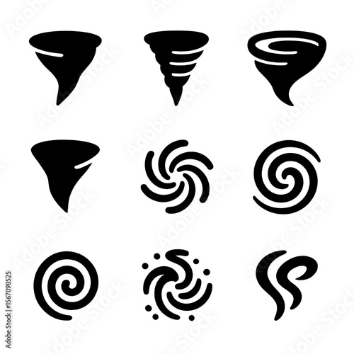 Vortex Icon Set. Solid, filled icon set of vortex in physics and fluid dynamics: fluid vortex, air vortex, water whirlpool,