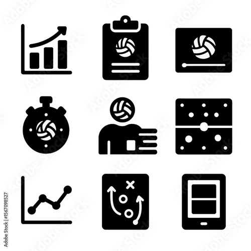 Volleyball Analysis Icons. Solid, filled icon set of volleyball statistics and analysis: graph, clipboard, video review, stopwatch