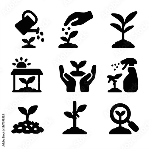 Seedling Care Icons. Solid, filled icon set of Seedling care: watering, fertilizing, pruning, shading, transplanting, pest control