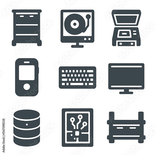 Modern Electronics Icons. Solid, filled icons set of display-ready electronics: glass-display shelf, mounted
