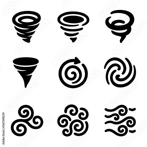 Vortex Icon Set. Solid, filled icon set of vortex in physics and fluid dynamics: fluid vortex, air vortex, water whirlpool,