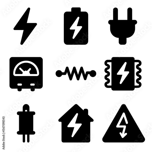 Voltage Icon Set. Solid, filled icon set of voltage concepts: lightning bolt, battery, power plug, voltmeter, electric circuit,