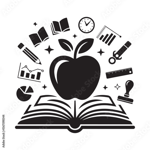 Open book with apple and school supplies icons symbolizing education learning and knowledge acquisition