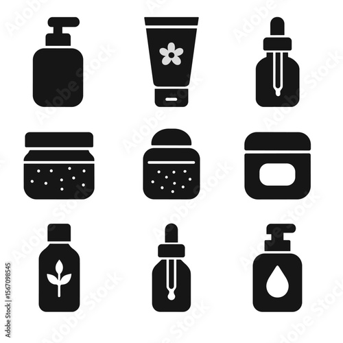 Self-Care Icon Set. Solid, filled icon set of self-care products: body lotion, exfoliant tube, cleansing oil, scrub jar, bath