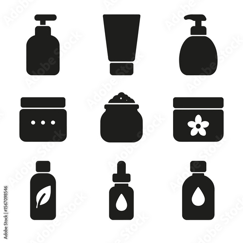 Self-Care Icon Set. Solid, filled icon set of self-care products: body lotion, exfoliant tube, cleansing oil, scrub jar, bath