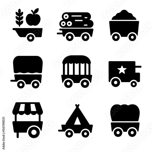 Wagon Activity Icons. Solid, filled icon set of wagon uses and activities: farming, logging, mining, transport, circus, military,