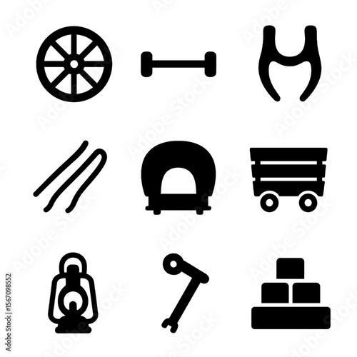 Wagon Parts Icons. Solid, filled icon set of wagon parts and accessories: wooden wheel, axle, harness, reins, canvas cover, wagon