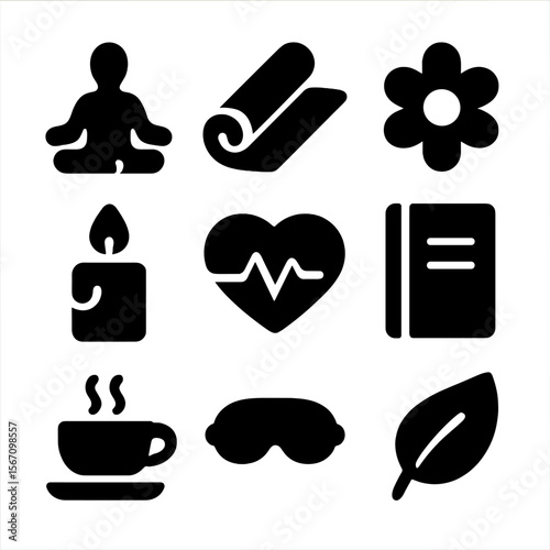 Self-Care Icon Grid. Solid, filled icon set of self-care to reduce jealousy: meditation pose, yoga mat, flower, candle, heart with