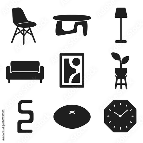 Modern Furniture Icons. Solid, filled icons set of modern interior furniture: designer chair, glass coffee