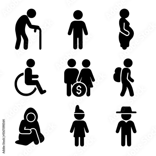 Vulnerable Populations Icons. Solid, filled icon set of vulnerable populations: elderly person, child, pregnant woman, disabled