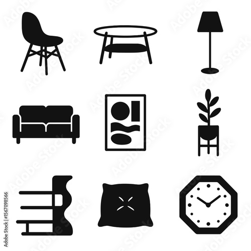 Modern Furniture Icons. Solid, filled icons set of modern interior furniture: designer chair, glass coffee