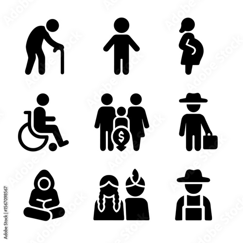 Vulnerable Populations Icons. Solid, filled icon set of vulnerable populations: elderly person, child, pregnant woman, disabled