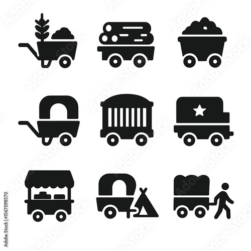 Wagon Activity Icons. Solid, filled icon set of wagon uses and activities: farming, logging, mining, transport, circus, military,