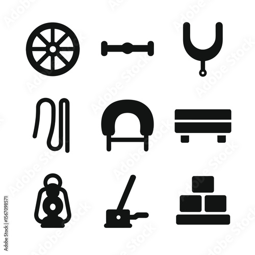 Wagon Parts Icons. Solid, filled icon set of wagon parts and accessories: wooden wheel, axle, harness, reins, canvas cover, wagon