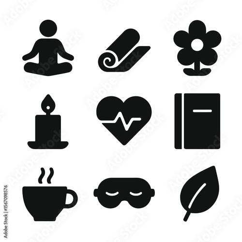 Self-Care Icon Grid. Solid, filled icon set of self-care to reduce jealousy: meditation pose, yoga mat, flower, candle, heart with