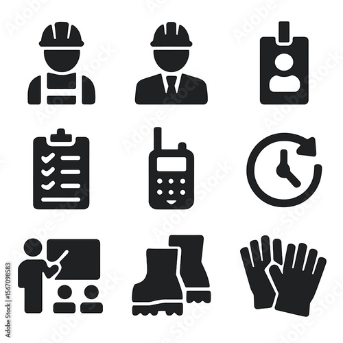 Warehouse Operations Icons. Solid, filled icon set of warehouse operations team: warehouse worker, supervisor icon, manager badge,