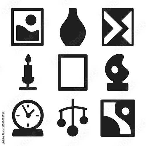 Modern Home Décor Icons. Solid, filled icons set of contemporary home décor: art print, designer vase,