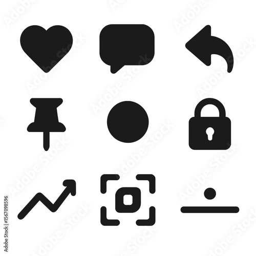 Modern Icon Grid. Solid, filled icons set of post interaction indicators: heart icon, comment bubble, reply
