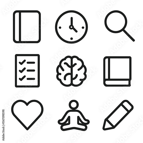 Self-Improvement Tools Grid. Solid, filled icon set of self-improvement tools: journal, clock, magnifying glass, checklist, brain,