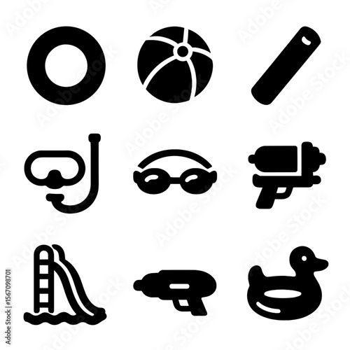 Water Fun Icons. Solid, filled icon set of water fun and games: inflatable ring, beach ball, pool noodle, diving mask, snorkel,